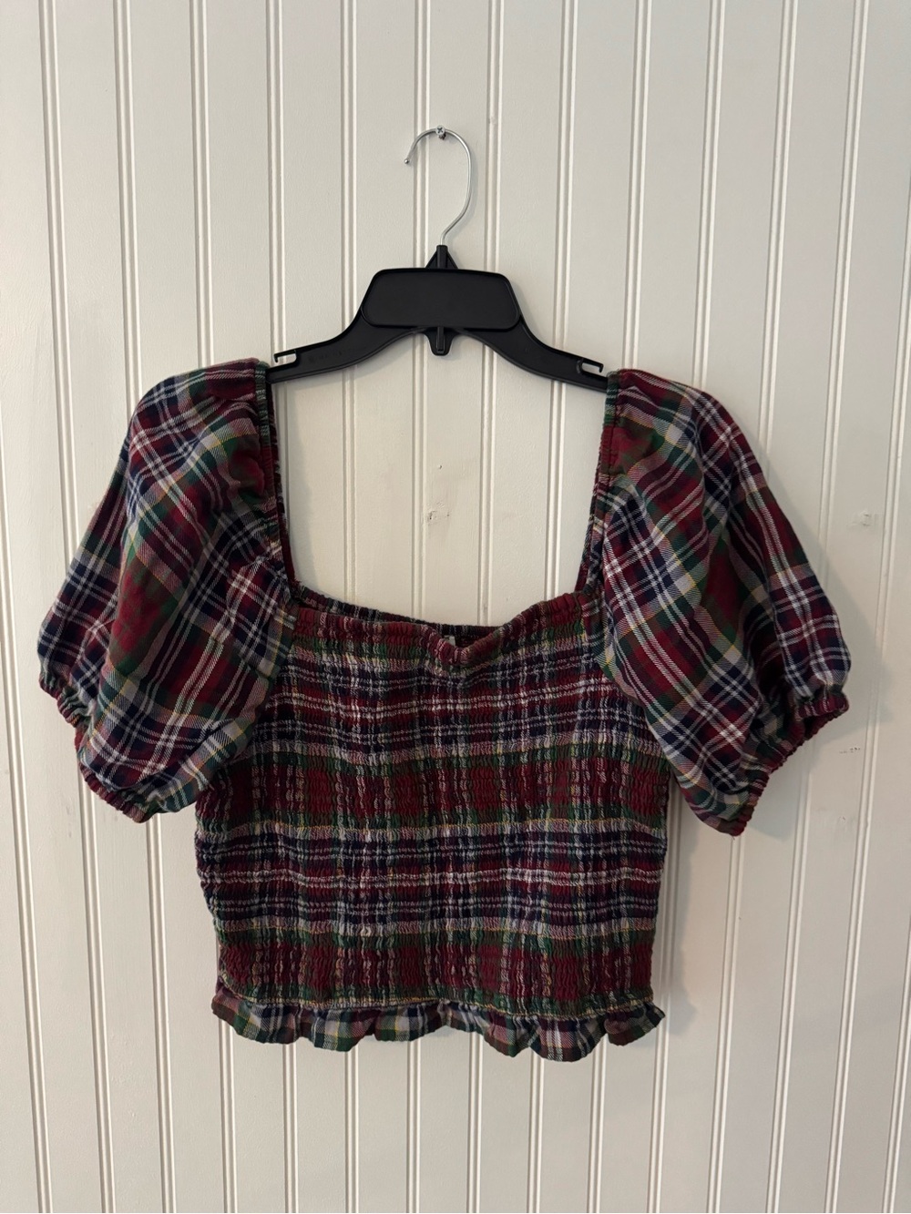 American Eagle Outfitters Burgundy Plaid Smocked Puff-Sleeve Crop Top